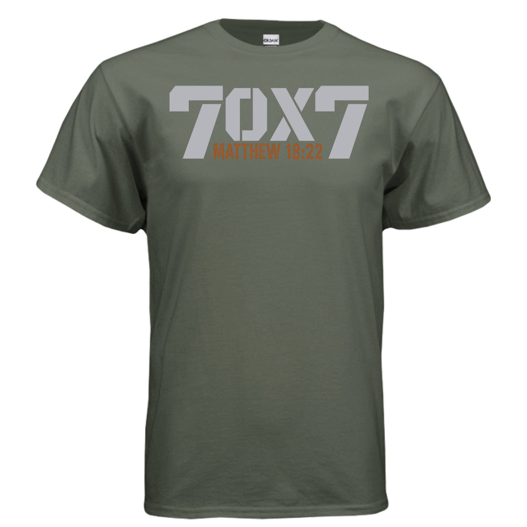Military green Christian t-shirt with bold gray text reading '70 x 7' and scripture reference 'Matthew 18:22' in orange beneath it