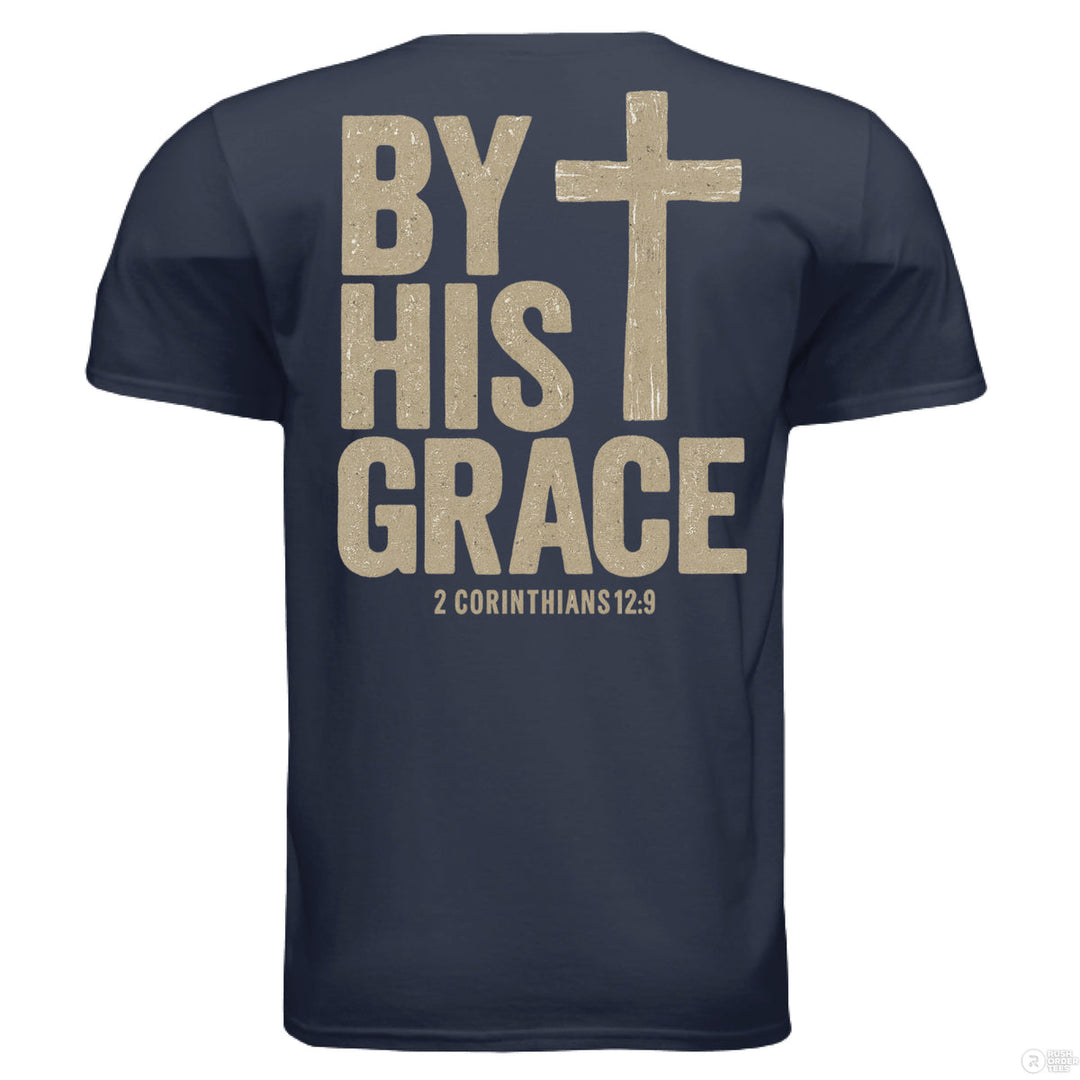 Navy Christian t-shirt with front cross pocket graphic and large back text reading ‘By His Grace’ with cross and 2 Corinthians 12:9