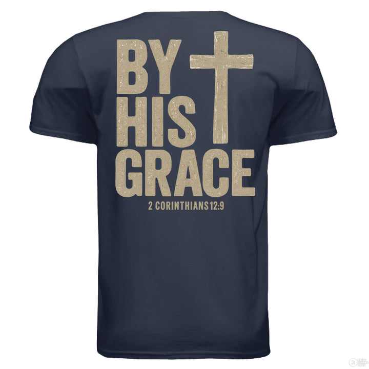 Navy Christian t-shirt with front cross pocket graphic and large back text reading ‘By His Grace’ with cross and 2 Corinthians 12:9