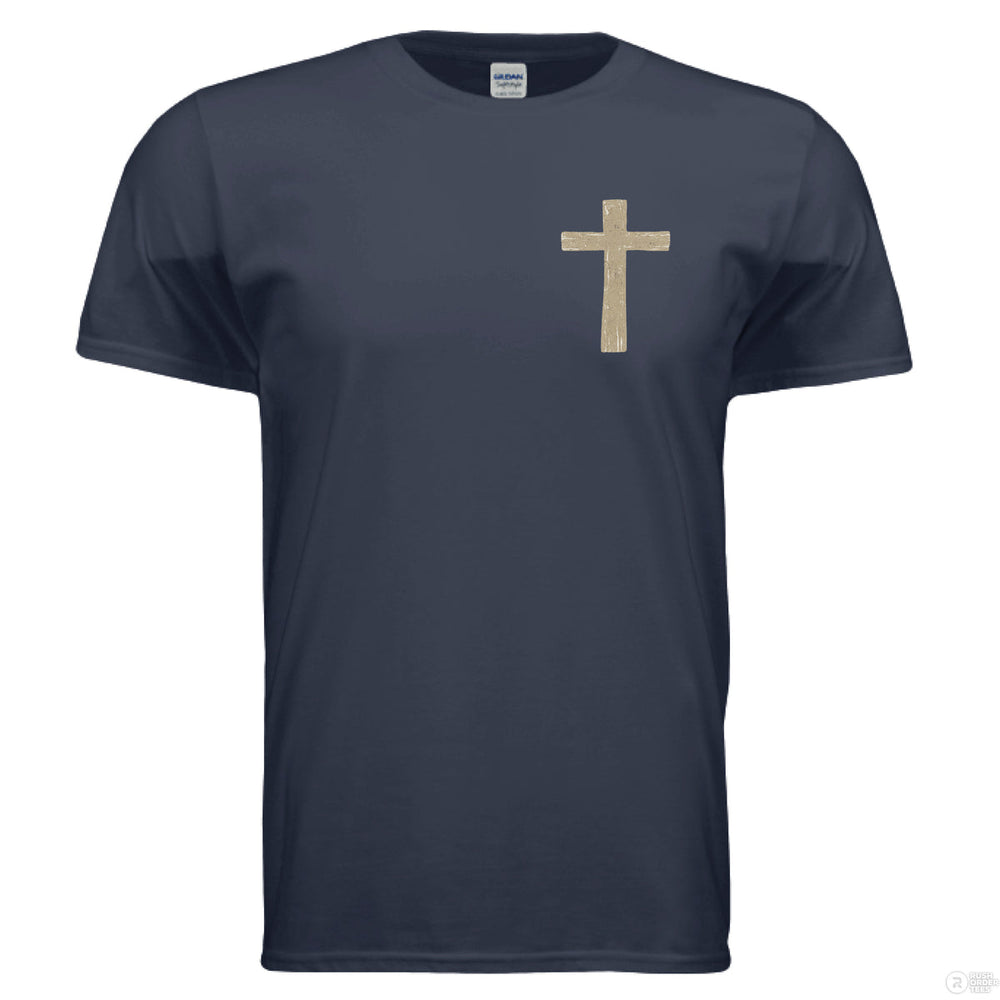 Navy Christian t-shirt with front cross pocket graphic and large back text reading ‘By His Grace’ with cross and 2 Corinthians 12:9