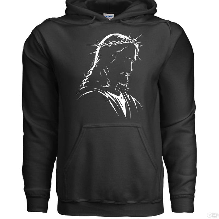 Black Christian hoodie with minimalist white line art of Jesus wearing a crown of thorns, head bowed in a reverent and solemn expression