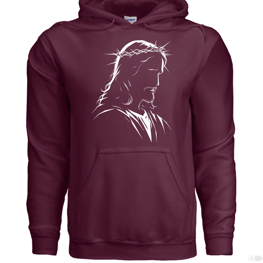 Maroon Christian hoodie with minimalist white line art of Jesus wearing a crown of thorns, head bowed in a reverent and solemn expression
