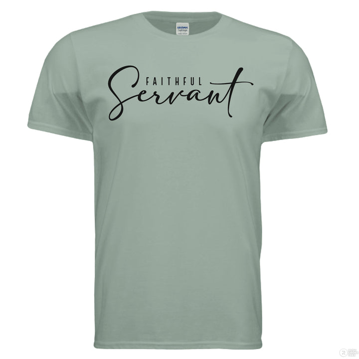 Sage Christian t-shirt with elegant black script reading “Faithful Servant” across the chest in mixed serif and cursive fonts
