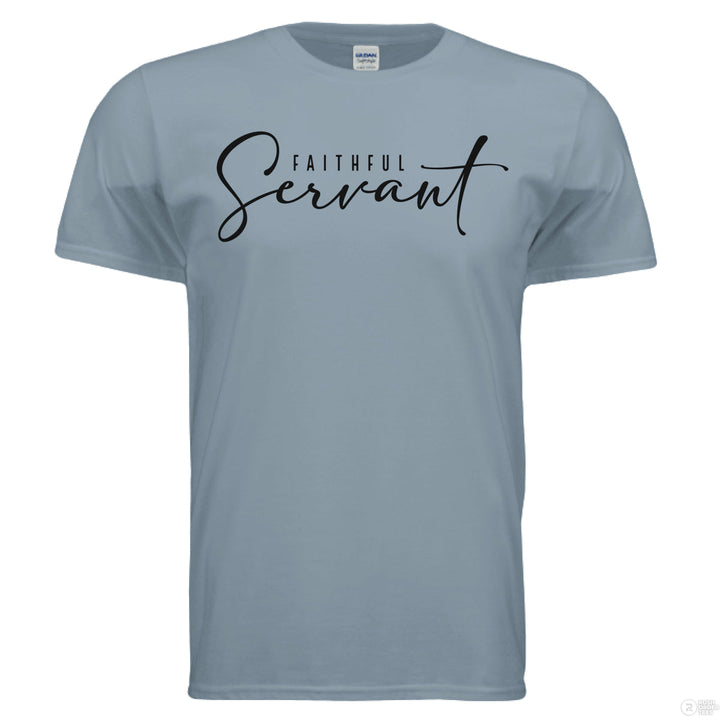 Stone Blue Christian t-shirt with elegant black script reading “Faithful Servant” across the chest in mixed serif and cursive fonts