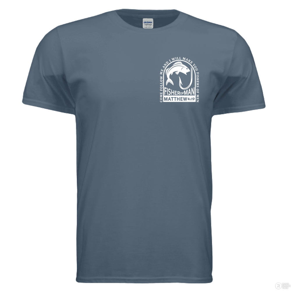 Indigo blue tee with bold back design of leaping fish and verse Matthew 4:19; front features smaller matching fish and hook graphic.