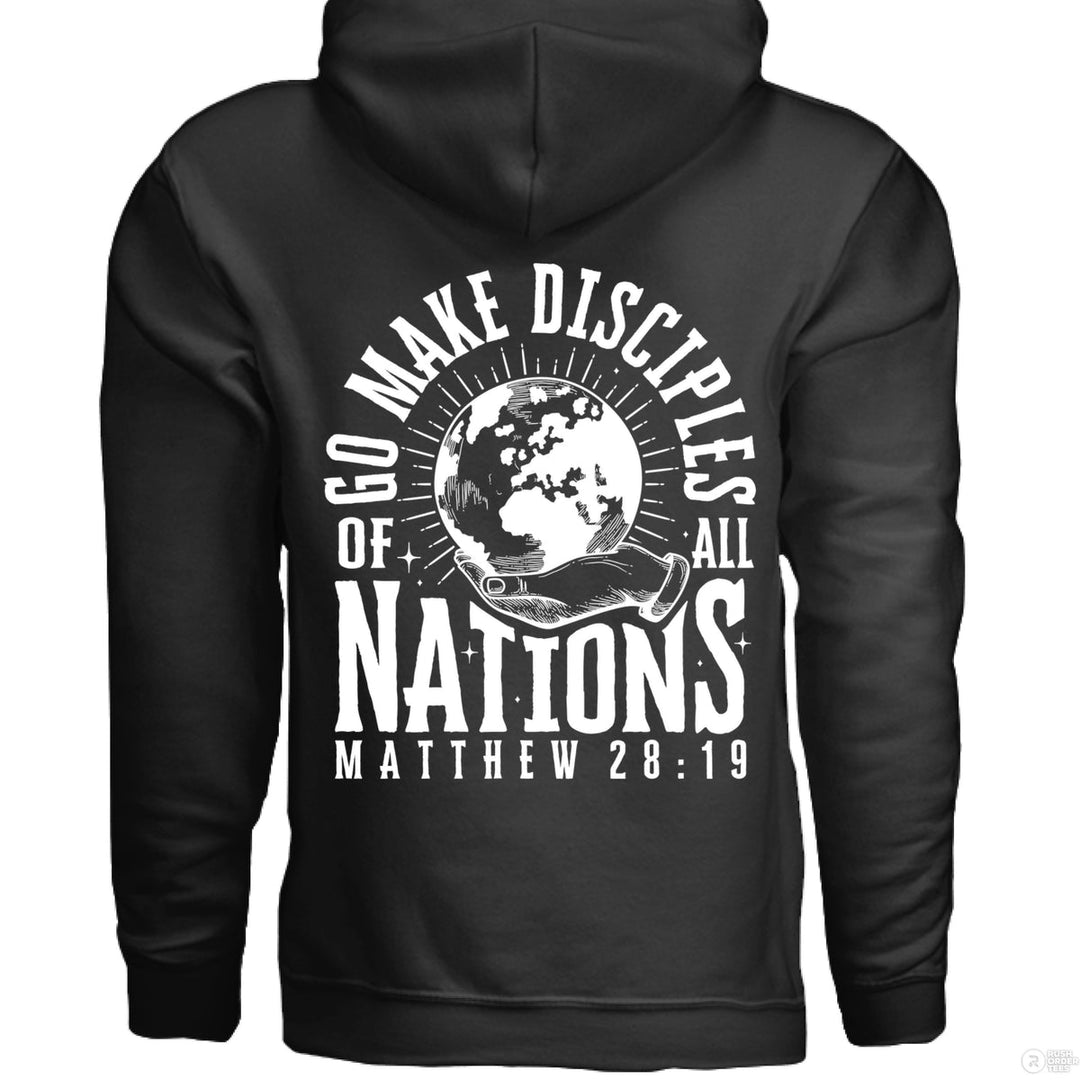 Black Christian hoodie with small front globe design and large back text ‘Go make disciples of all nations’ featuring Matthew 28:19 and a hand holding the earth