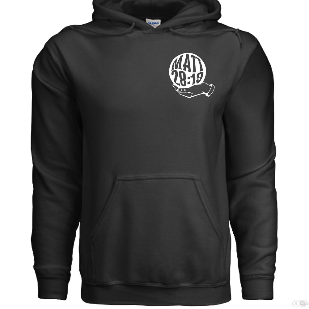 Black Christian hoodie with small front globe design and large back text ‘Go make disciples of all nations’ featuring Matthew 28:19 and a hand holding the earth