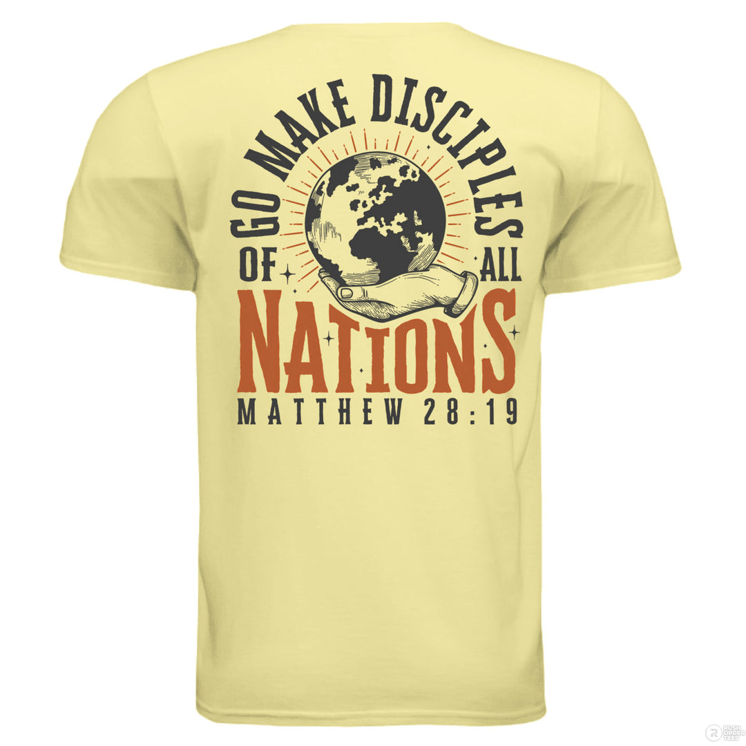 Cornsilk Christian t-shirt with front globe design and bold back text ‘Go make disciples of all nations’ featuring Matthew 28:19 in orange and black