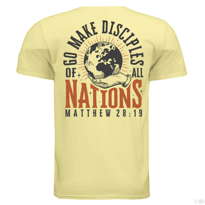 Cornsilk Christian t-shirt with front globe design and bold back text ‘Go make disciples of all nations’ featuring Matthew 28:19 in orange and black