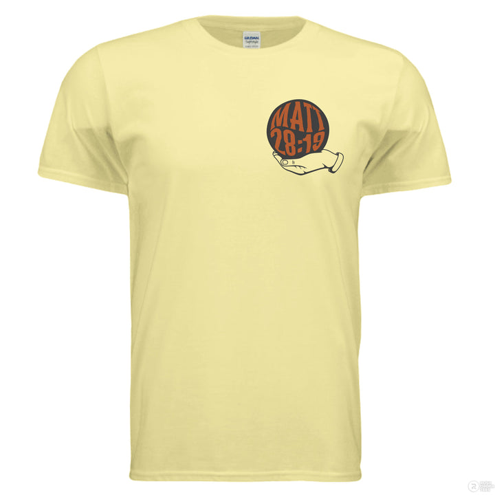 Cornsilk Christian t-shirt with front globe design and bold back text ‘Go make disciples of all nations’ featuring Matthew 28:19 in orange and black