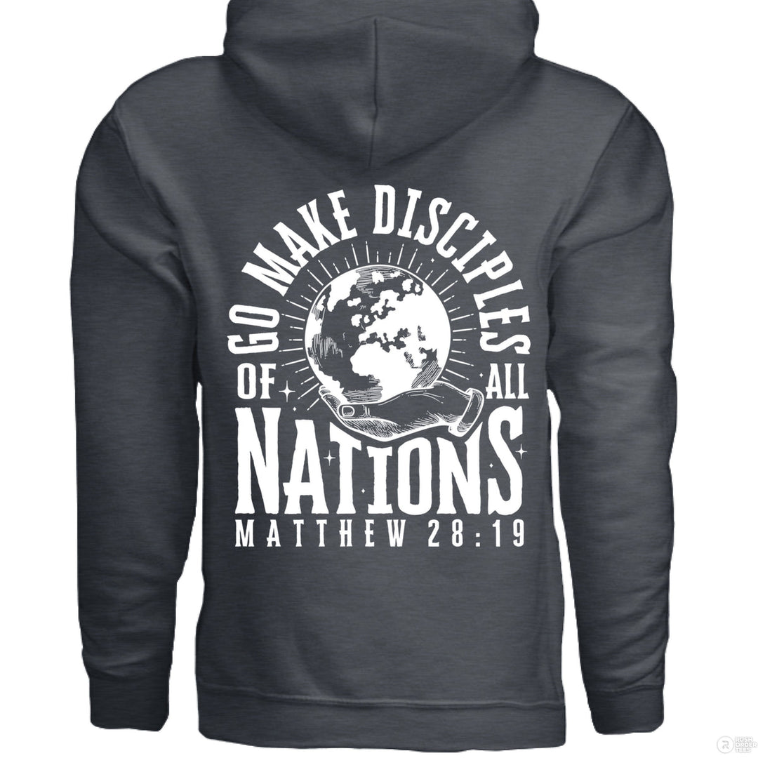 Dark Heather Christian hoodie with front globe design and large back text ‘Go make disciples of all nations’ with hand and Matthew 28:19