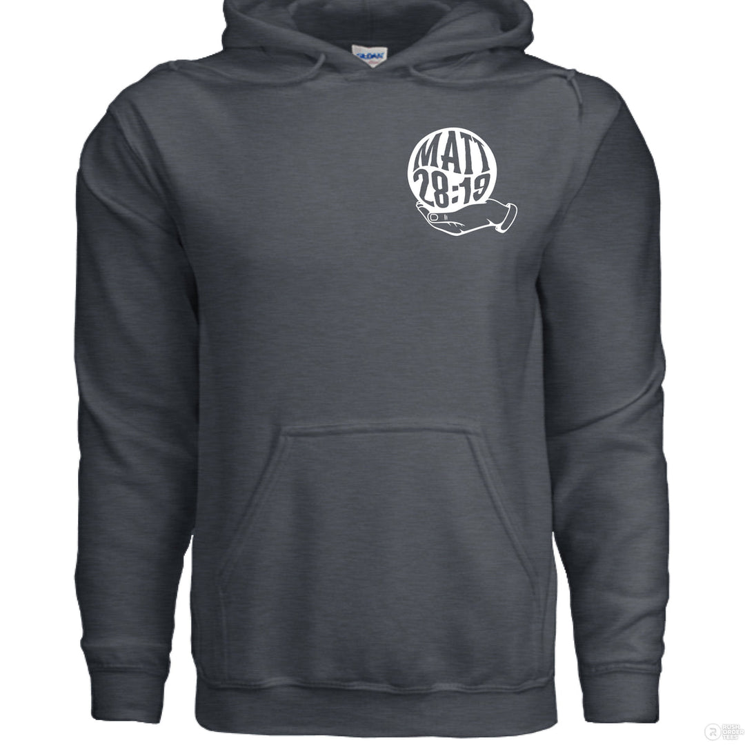 Dark Heather Christian hoodie with front globe design and large back text ‘Go make disciples of all nations’ with hand and Matthew 28:19