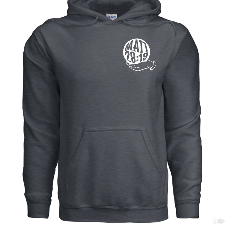 Dark Heather Christian hoodie with front globe design and large back text ‘Go make disciples of all nations’ with hand and Matthew 28:19