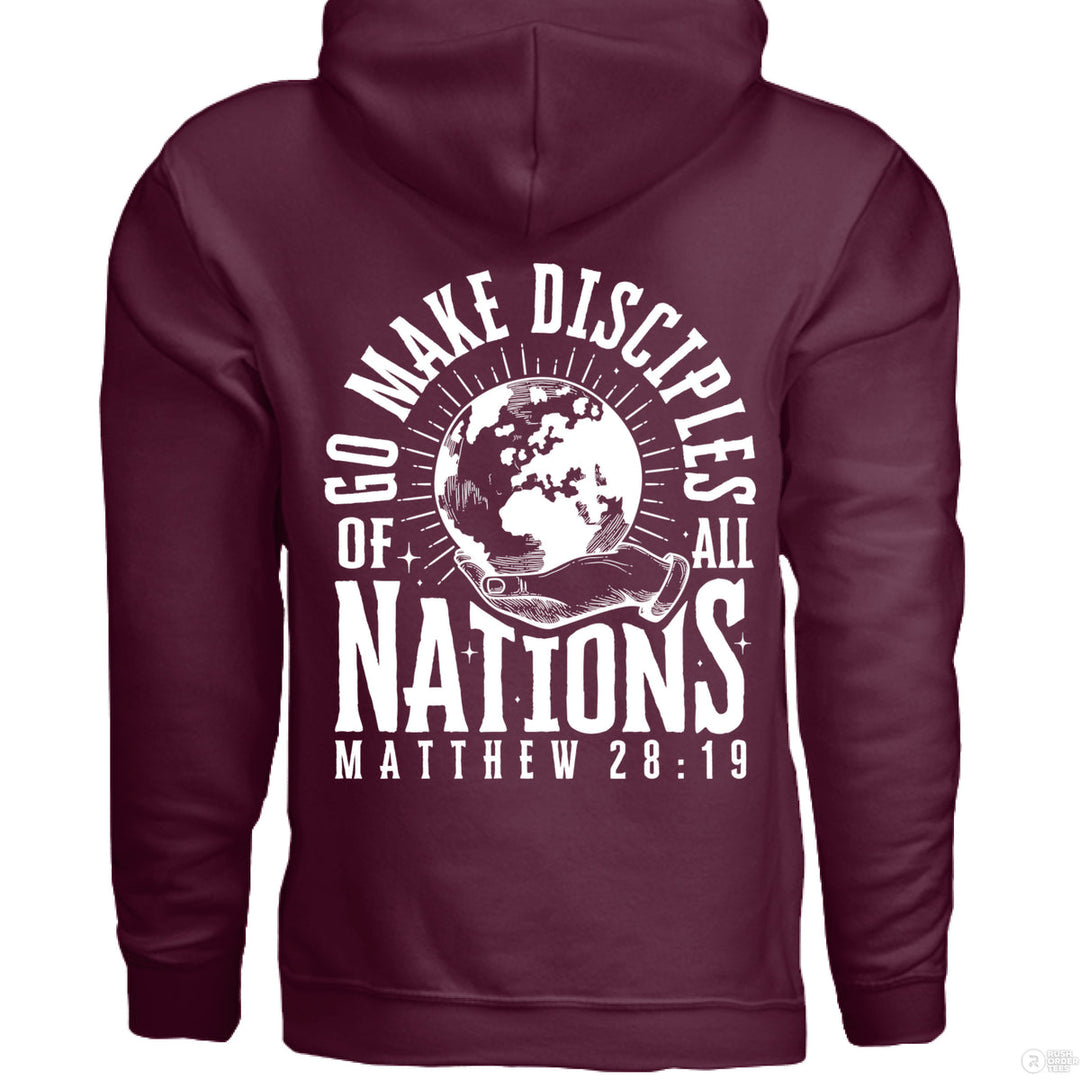 Maroon Christian hoodie with small front globe design and large back text ‘Go make disciples of all nations’ featuring Matthew 28:19 and a hand holding the earth
