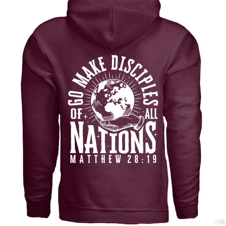 Maroon Christian hoodie with small front globe design and large back text ‘Go make disciples of all nations’ featuring Matthew 28:19 and a hand holding the earth