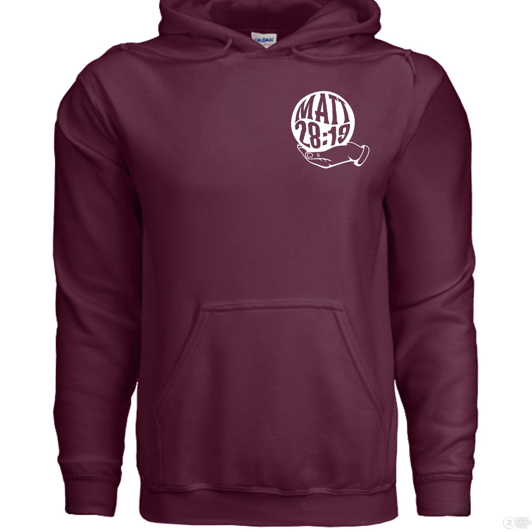 Maroon Christian hoodie with small front globe design and large back text ‘Go make disciples of all nations’ featuring Matthew 28:19 and a hand holding the earth