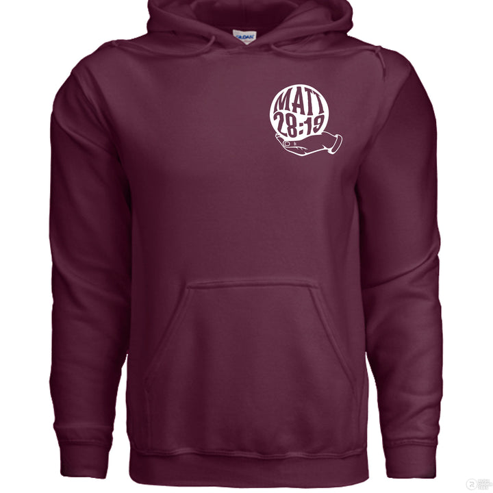 Maroon Christian hoodie with small front globe design and large back text ‘Go make disciples of all nations’ featuring Matthew 28:19 and a hand holding the earth