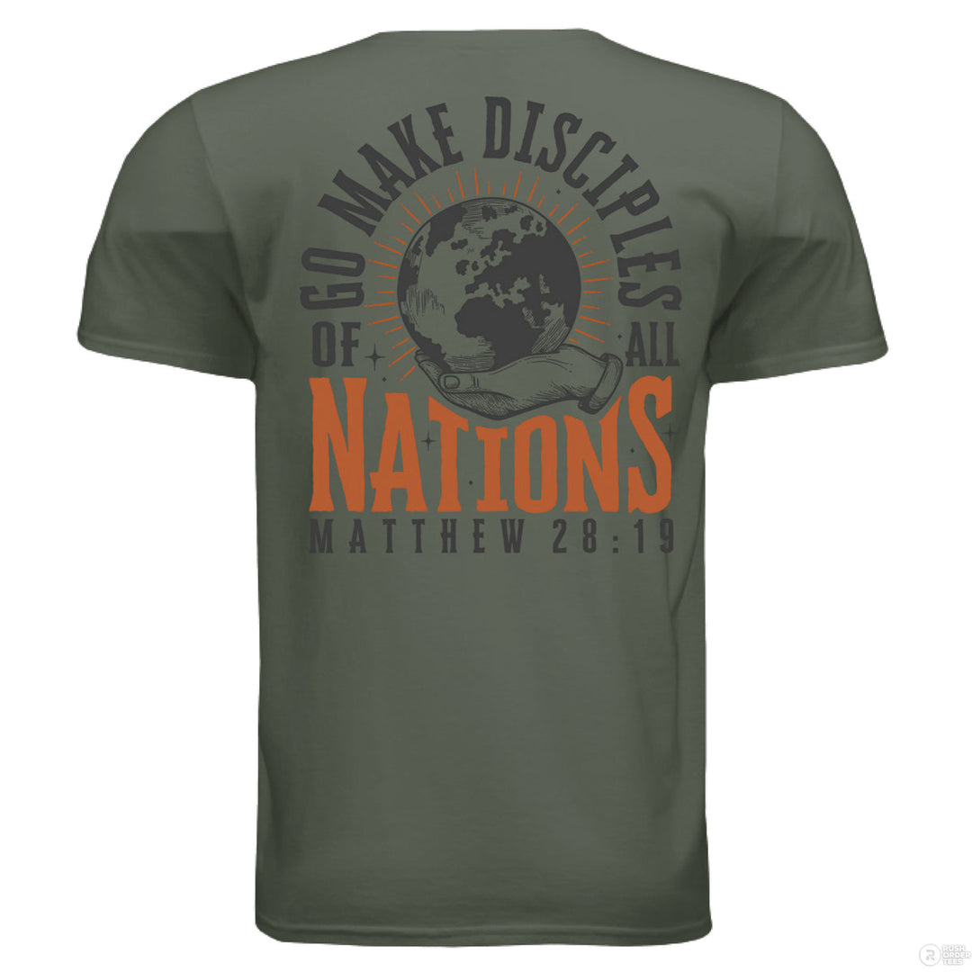 Military green Christian t-shirt with front globe design and bold back text ‘Go make disciples of all nations’ featuring Matthew 28:19