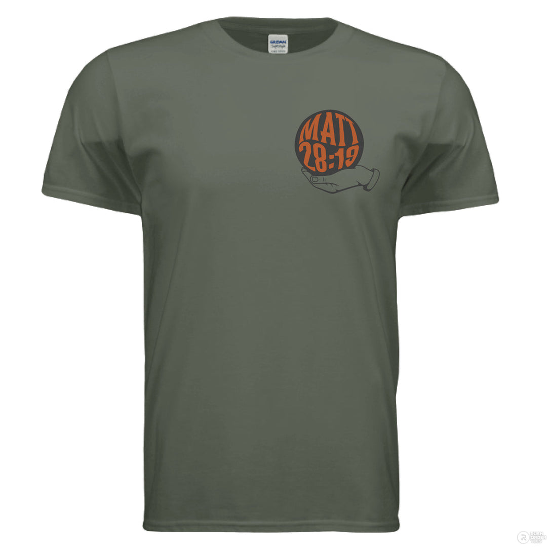 Military green Christian t-shirt with front globe design and bold back text ‘Go make disciples of all nations’ featuring Matthew 28:19