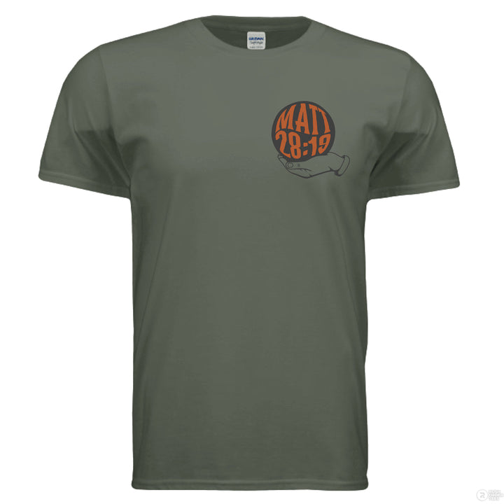 Military green Christian t-shirt with front globe design and bold back text ‘Go make disciples of all nations’ featuring Matthew 28:19