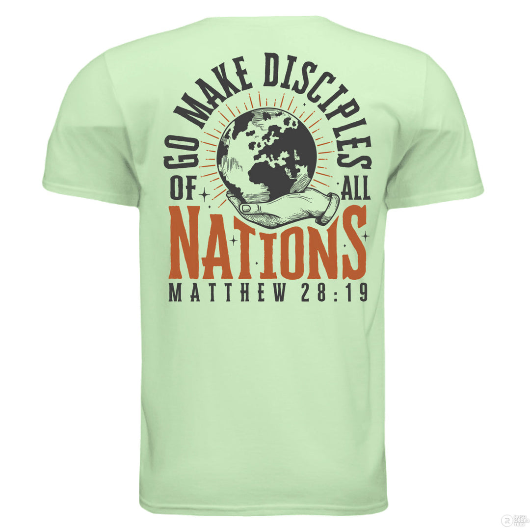 Mint green Christian t-shirt with front globe design and bold back text ‘Go make disciples of all nations’ featuring Matthew 28:19 