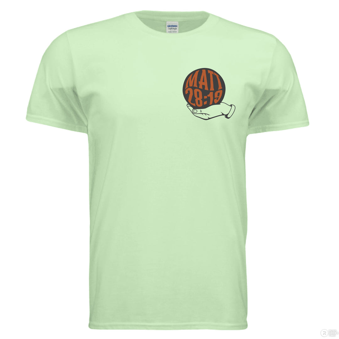 Mint green Christian t-shirt with front globe design and bold back text ‘Go make disciples of all nations’ featuring Matthew 28:19