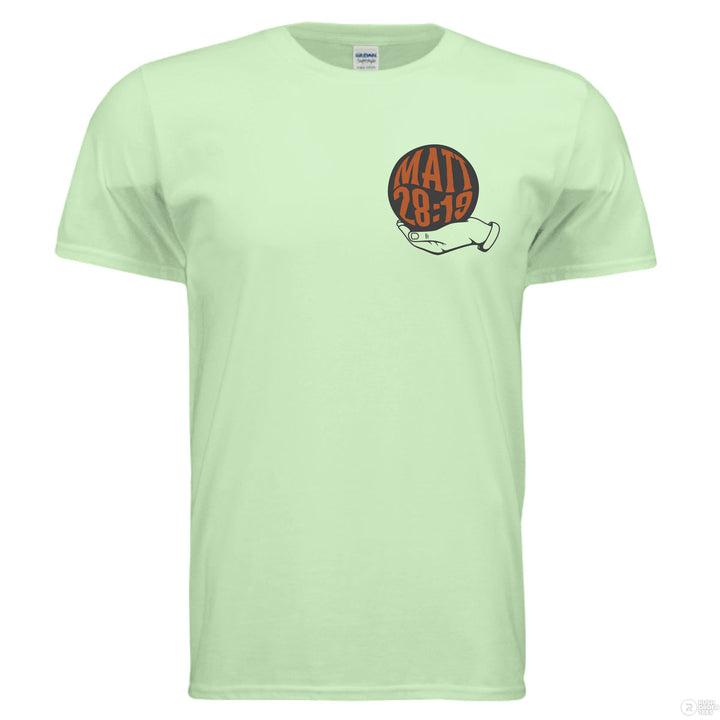 Mint green Christian t-shirt with front globe design and bold back text ‘Go make disciples of all nations’ featuring Matthew 28:19