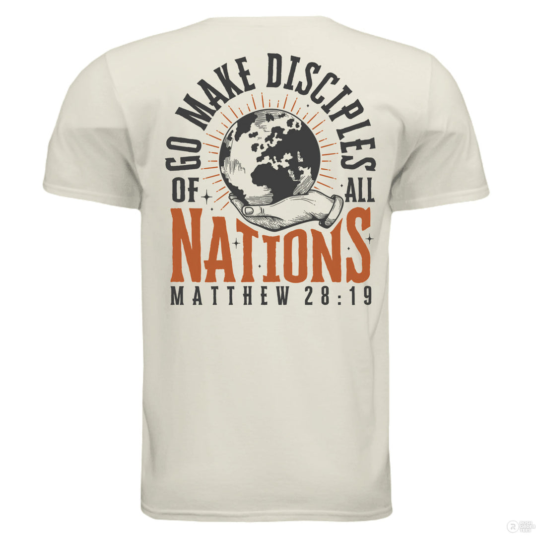 Natural Christian t-shirt with front globe design and bold back text ‘Go make disciples of all nations’ featuring Matthew 28:19 in orange and black