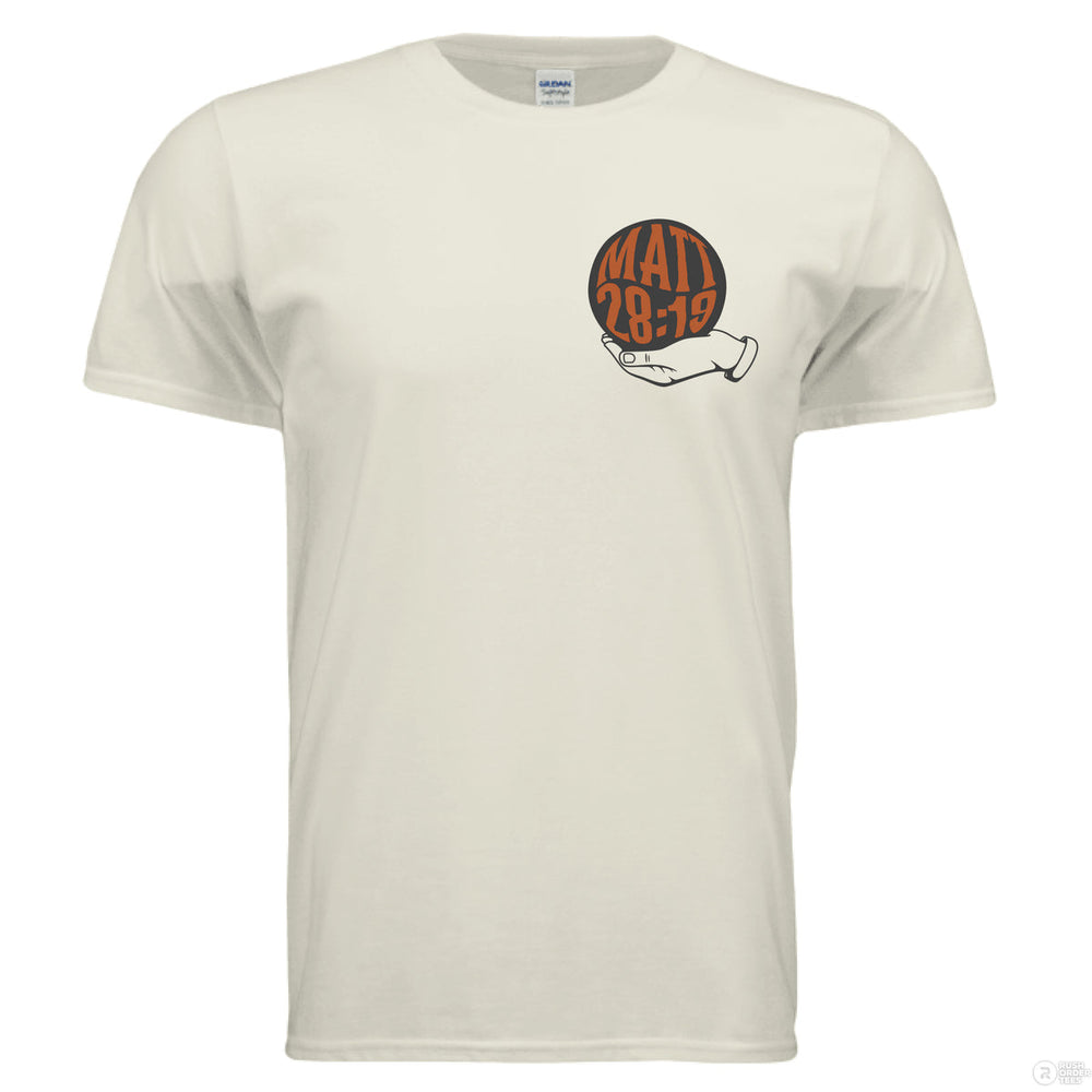 Natural Christian t-shirt with front globe design and bold back text ‘Go make disciples of all nations’ featuring Matthew 28:19 in orange and black