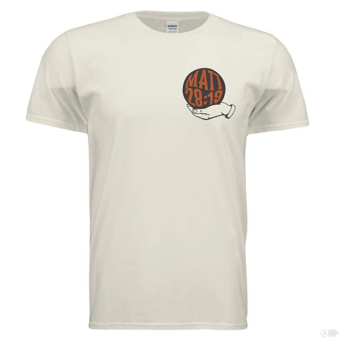 Natural Christian t-shirt with front globe design and bold back text ‘Go make disciples of all nations’ featuring Matthew 28:19 in orange and black