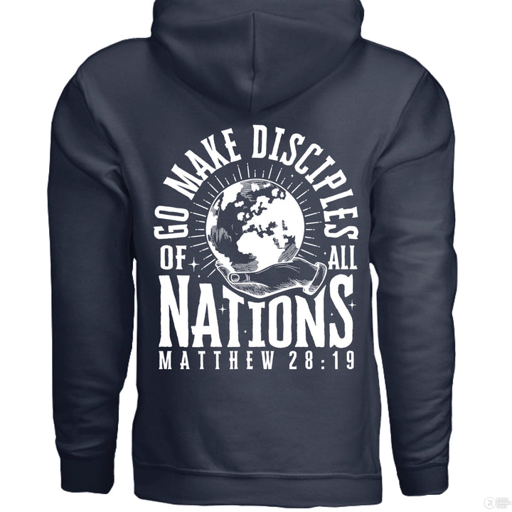 Navy Christian hoodie with small front globe design and large back text ‘Go make disciples of all nations’ featuring Matthew 28:19 and a hand holding the earth