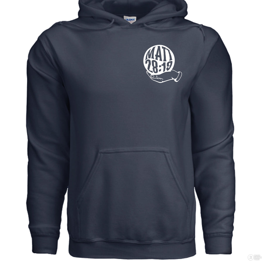 Navy Christian hoodie with small front globe design and large back text ‘Go make disciples of all nations’ featuring Matthew 28:19 and a hand holding the earth