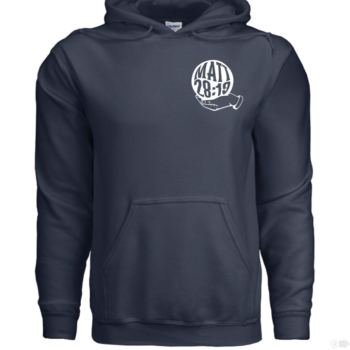 Navy Christian hoodie with small front globe design and large back text ‘Go make disciples of all nations’ featuring Matthew 28:19 and a hand holding the earth