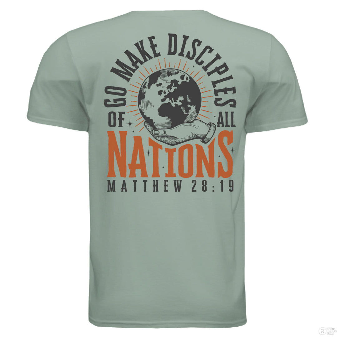 Sage Christian t-shirt with front globe design and bold back text ‘Go make disciples of all nations’ featuring Matthew 28:19 in orange and black
