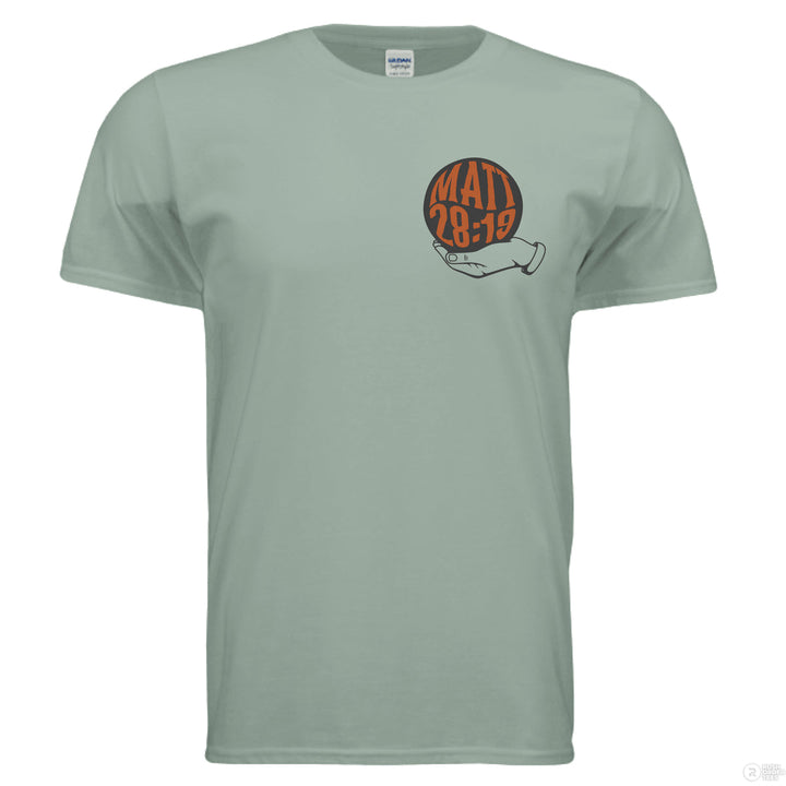 Sage Christian t-shirt with front globe design and bold back text ‘Go make disciples of all nations’ featuring Matthew 28:19 in orange and black