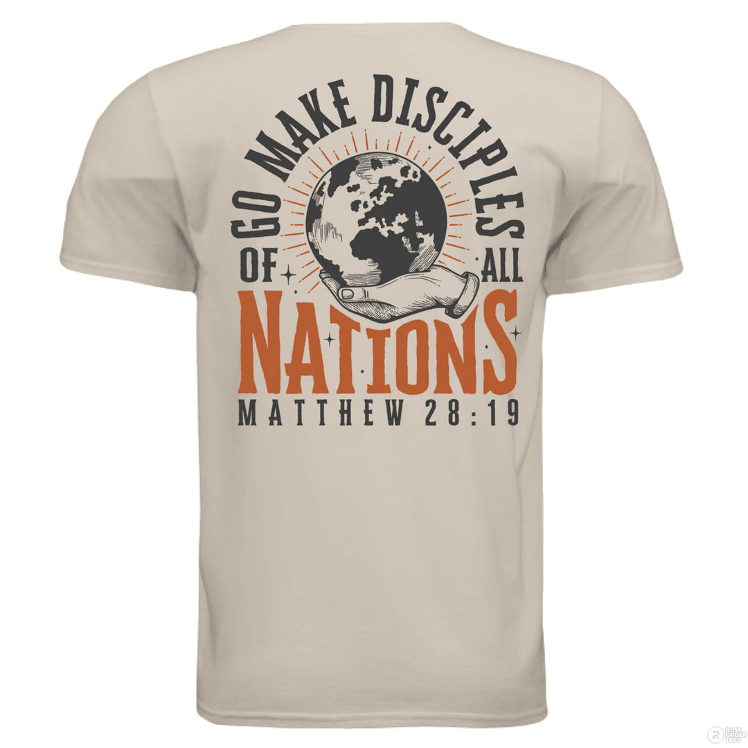 Sand Christian t-shirt with front globe design and bold back text ‘Go make disciples of all nations’ featuring Matthew 28:19 in orange and black