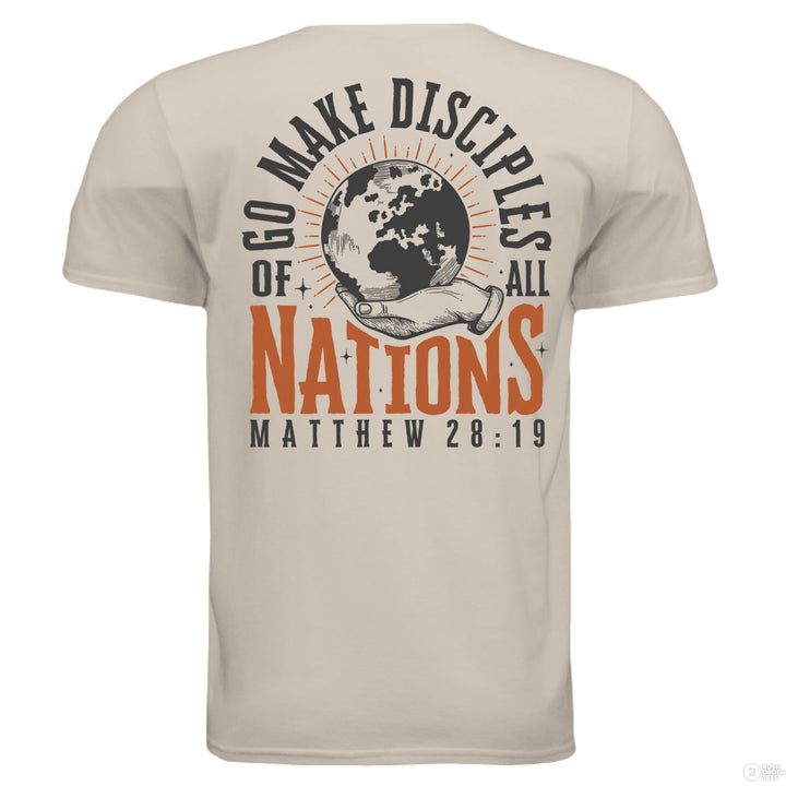 Sand Christian t-shirt with front globe design and bold back text ‘Go make disciples of all nations’ featuring Matthew 28:19 in orange and black