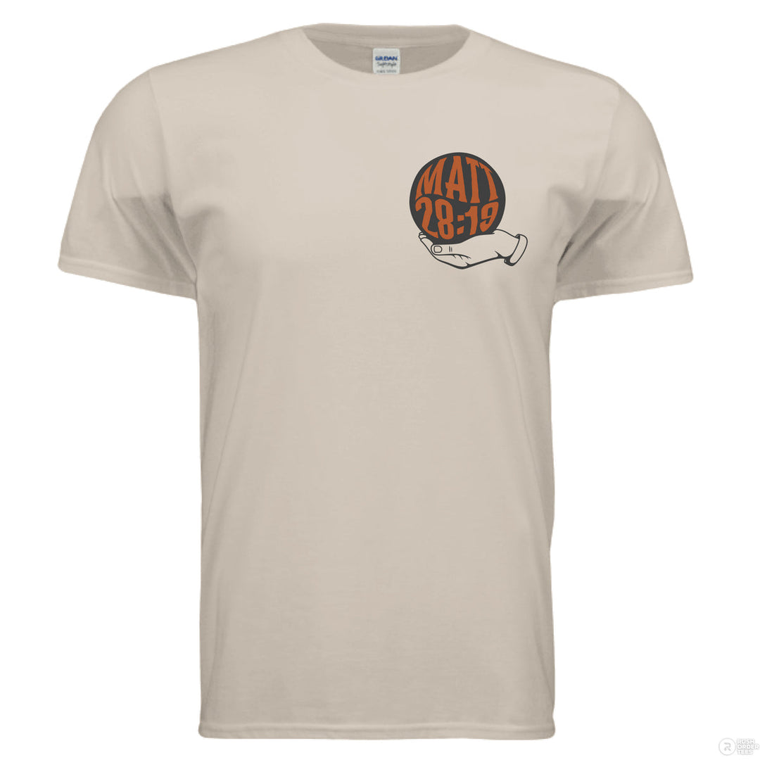 Sand Christian t-shirt with front globe design and bold back text ‘Go make disciples of all nations’ featuring Matthew 28:19 in orange and black