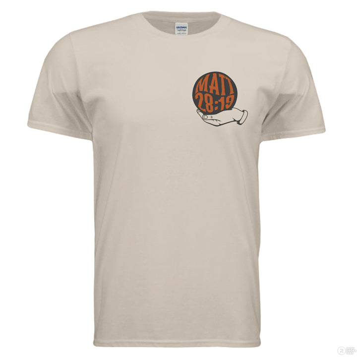 Sand Christian t-shirt with front globe design and bold back text ‘Go make disciples of all nations’ featuring Matthew 28:19 in orange and black