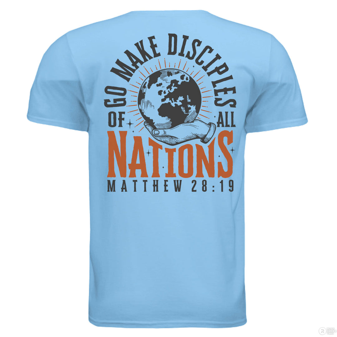 Sky Christian t-shirt with front globe design and bold back text ‘Go make disciples of all nations’ featuring Matthew 28:19 in orange and black