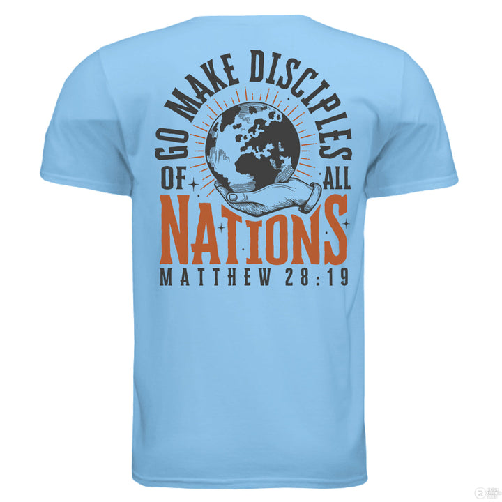 Sky Christian t-shirt with front globe design and bold back text ‘Go make disciples of all nations’ featuring Matthew 28:19 in orange and black