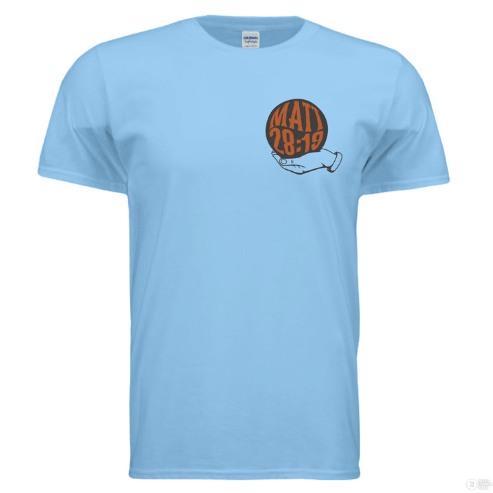 Sky Christian t-shirt with front globe design and bold back text ‘Go make disciples of all nations’ featuring Matthew 28:19 in orange and black