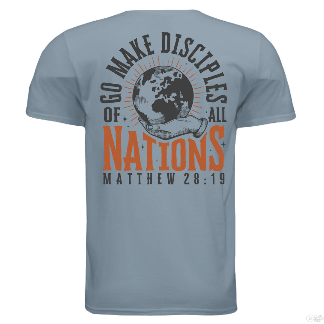 Stone blue Christian t-shirt with front globe design and bold back text ‘Go make disciples of all nations’ featuring Matthew 28:19 in orange and black