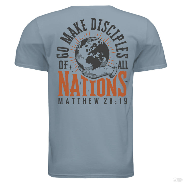 Stone blue Christian t-shirt with front globe design and bold back text ‘Go make disciples of all nations’ featuring Matthew 28:19 in orange and black