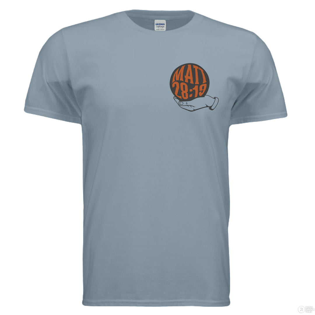 Stone blue Christian t-shirt with front globe design and bold back text ‘Go make disciples of all nations’ featuring Matthew 28:19 in orange and black