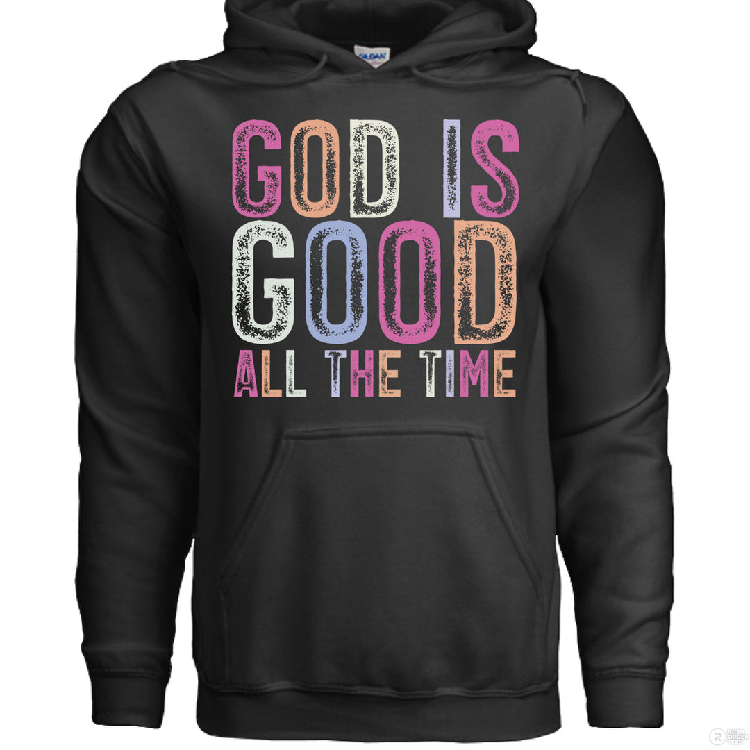 Black Christian hoodie with colorful distressed block text reading ‘God is Good All the Time’ in pink, peach, blue, and lavender