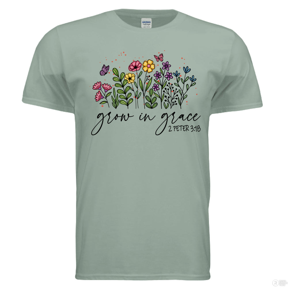 Sage shirt featuring hand-drawn colorful flowers and butterflies, with “Grow in Grace” and 2 Peter 3:18 written in script across the front.
