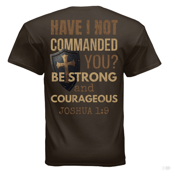 Dark brown Christian t-shirt with shield and cross graphic on the front pocket and full back text from Joshua 1:9 reading ‘Be strong and courageous’