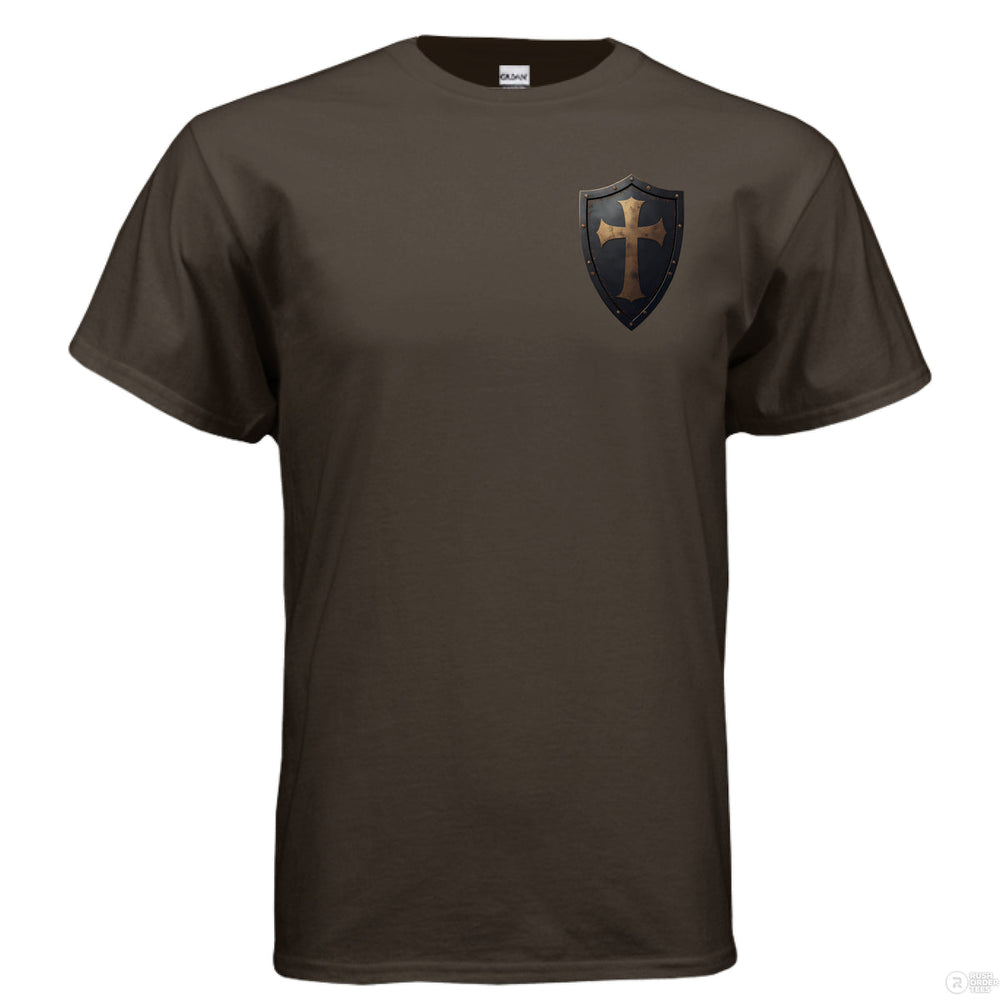 Dark brown Christian t-shirt with shield and cross graphic on the front pocket and full back text from Joshua 1:9 reading ‘Be strong and courageous’
