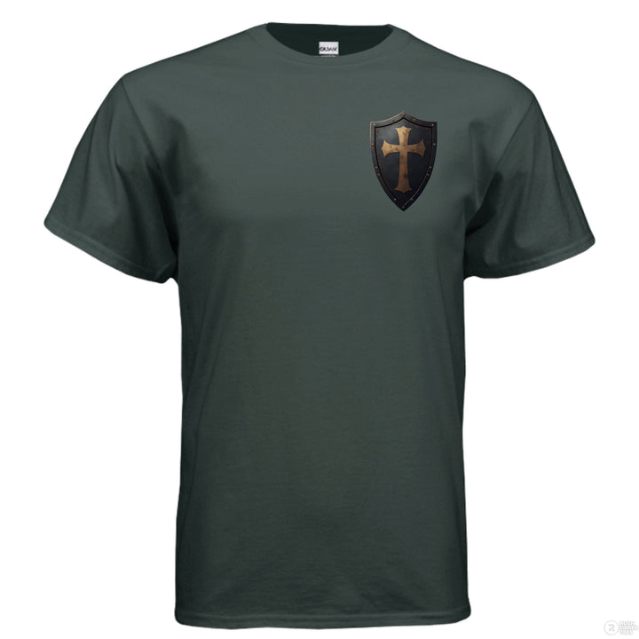Forest green Christian t-shirt with shield and cross graphic on the front pocket and full back text from Joshua 1:9 reading ‘Be strong and courageous’